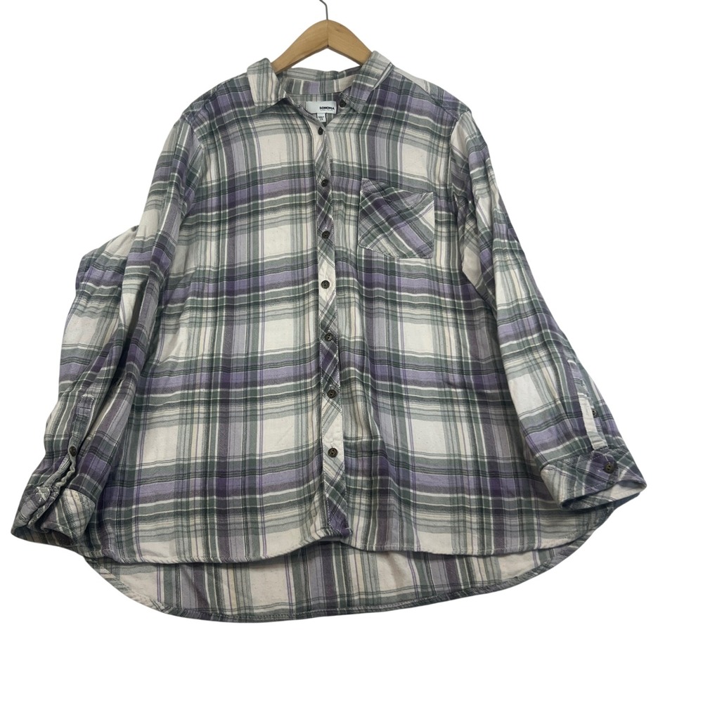 Sonoma Goods For Life Plaid Button Down Shirt Purple Green White 2X Long Sleeve